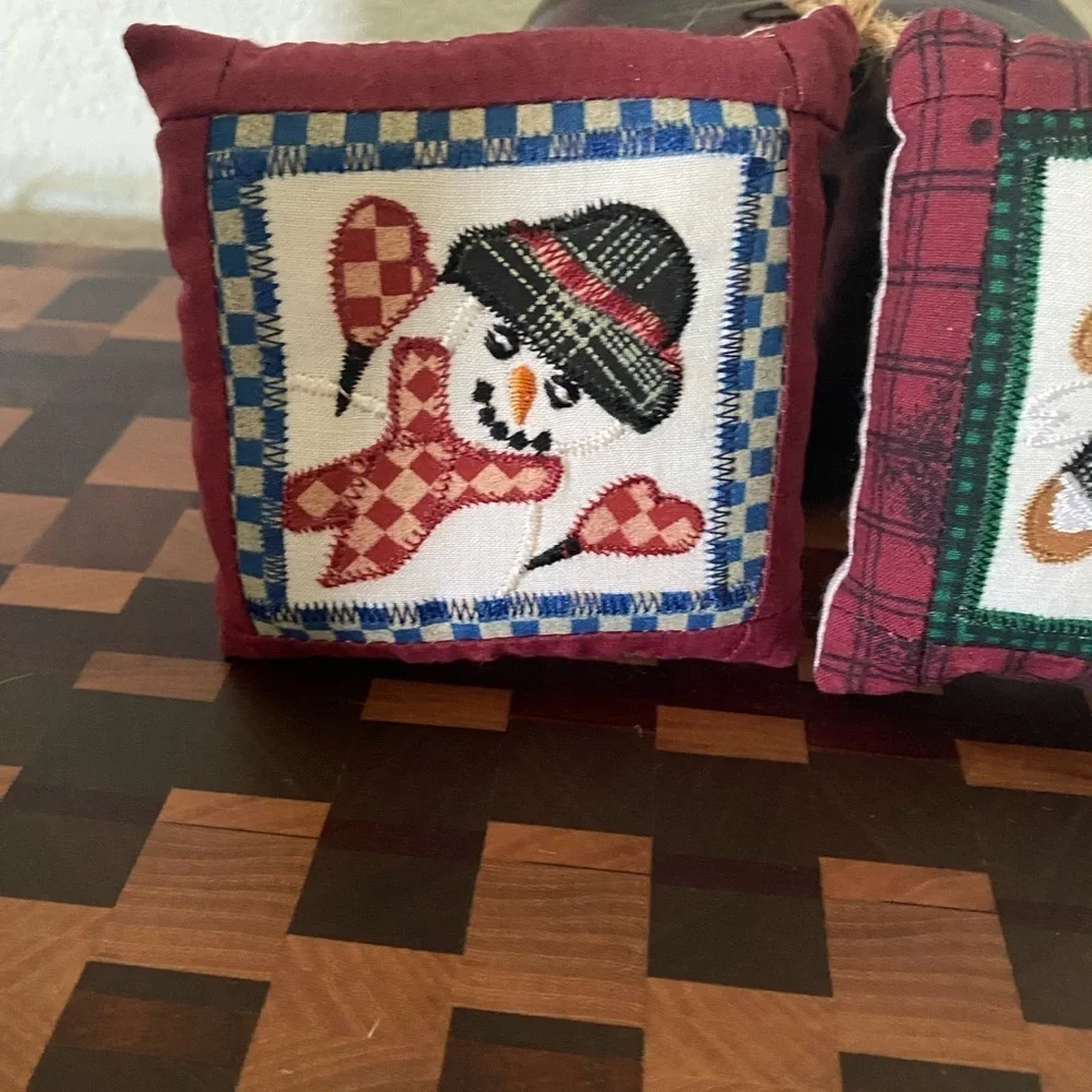 Set Of 2 Vintage Quilted Pillow Plaid Peace Bear and Snowman Ornaments 6”x 6”